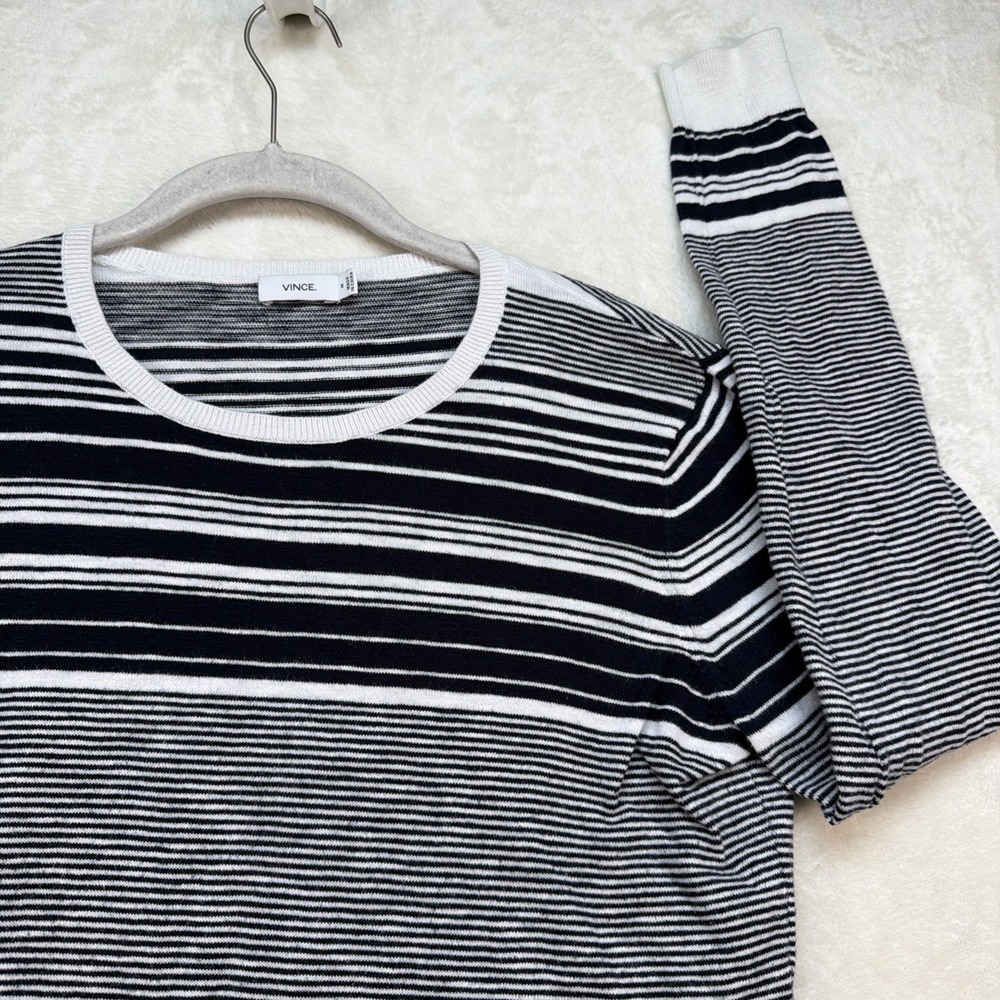 Vince‎ Womens Striped Sweater Knit Crew Neck Black White Lightweight Medium